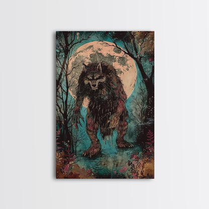 Halloween Horror Full Moon Werewolf Framed Canvas Print, Wall Art, Living Room Decor, Halloween Decor, Spooky Wall Hanging, Haunted House