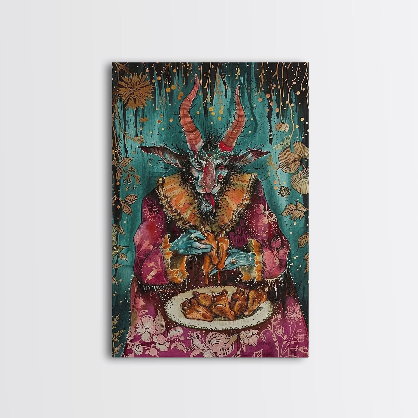 A demon eating some hot wings - hope he didn't sell his soul for them they look pretty good! Halloween Wall Art Framed Canvas