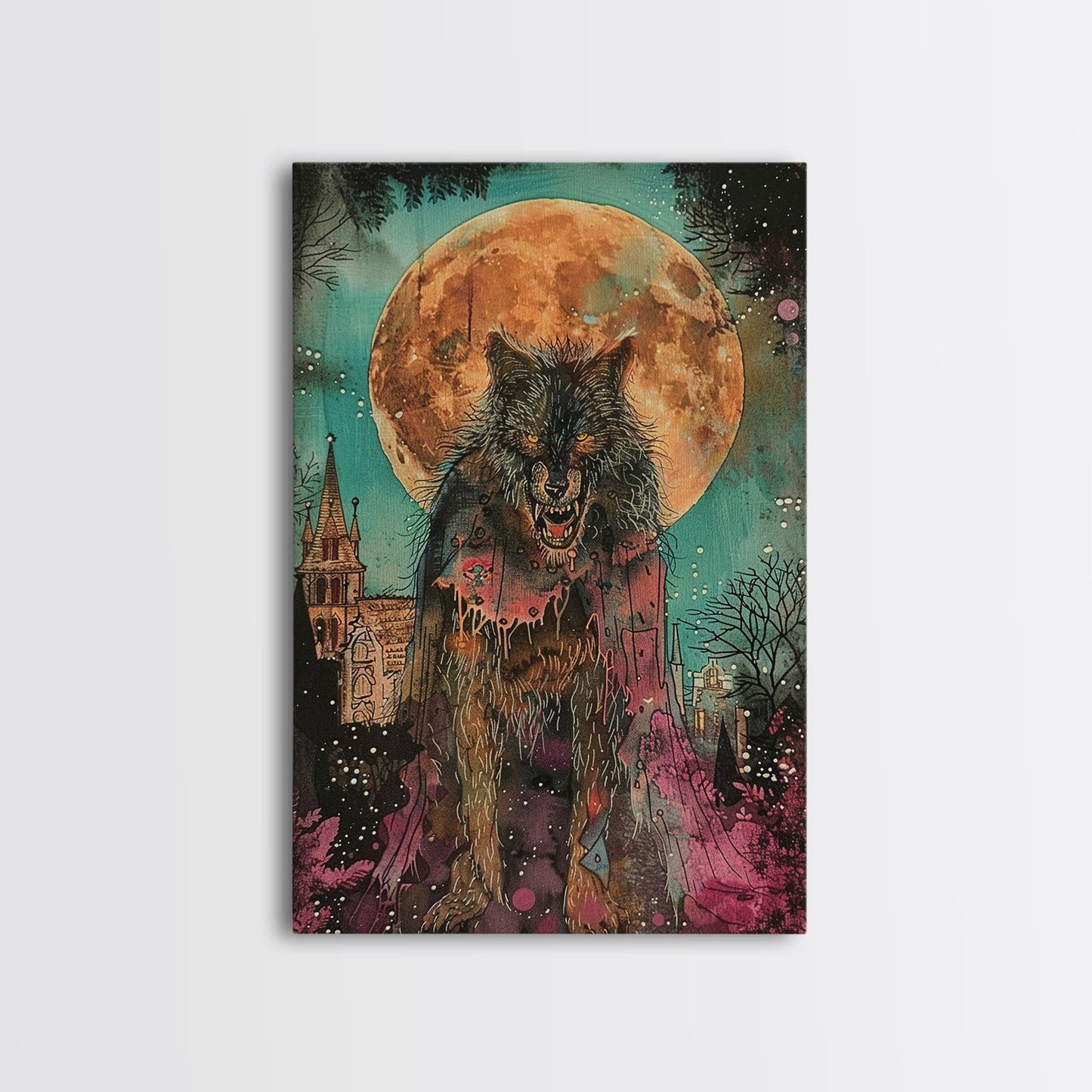 Fierce Werewolf with Blood Moon Framed Canvas Print | Halloween Monster Art | Spooky Werewolf Decor for Home | Intense Full Moon Artwork