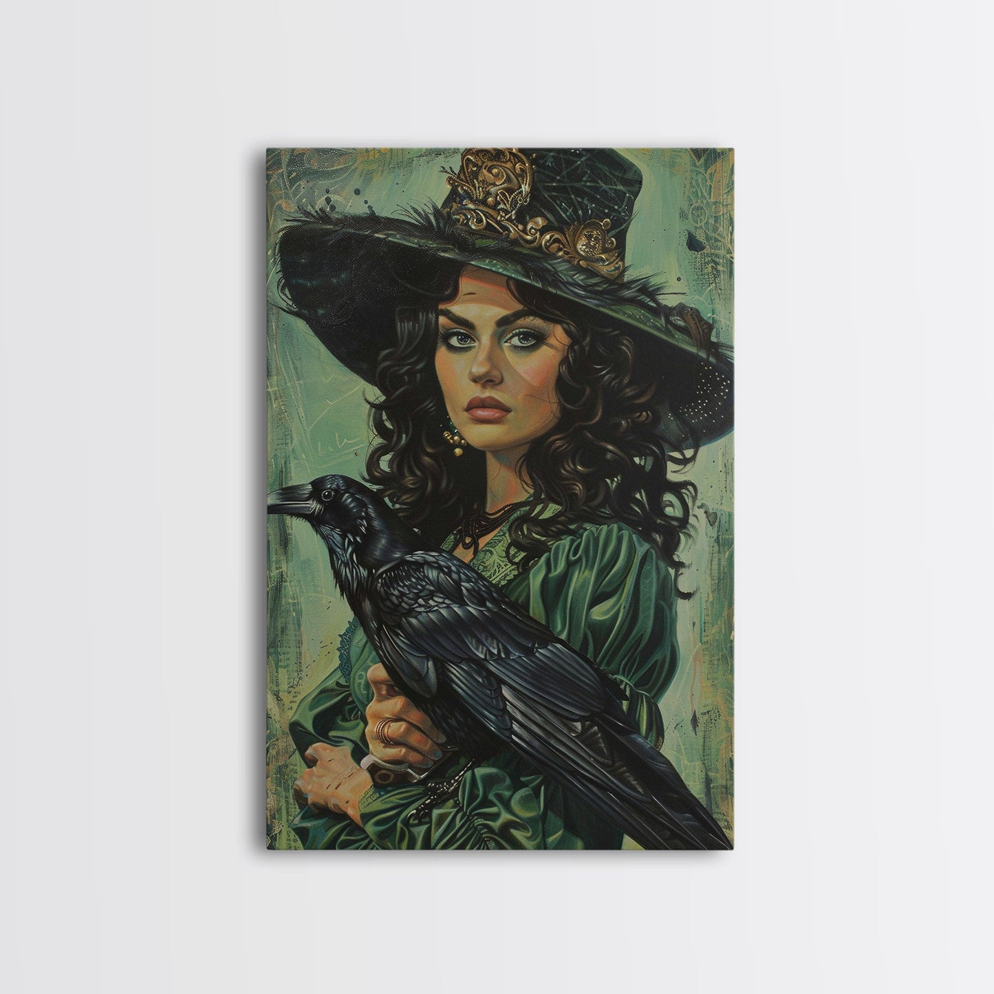 Raven Witch in Green Dress - Halloween Wall Art - Spooky Home Decor - Witch and Raven Painting - Gothic Halloween Decoration