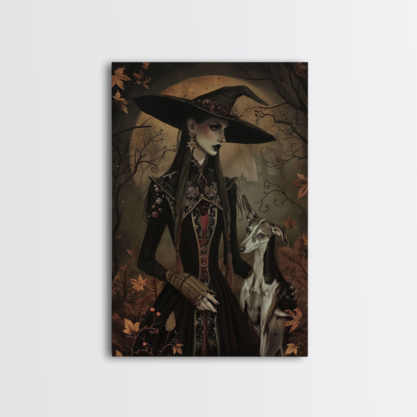 Gothic Witch with Elegant Dog, Framed Canvas Print, Dark Witch Art, Victorian Witch, Halloween Witch Decor, Gothic Home Decor