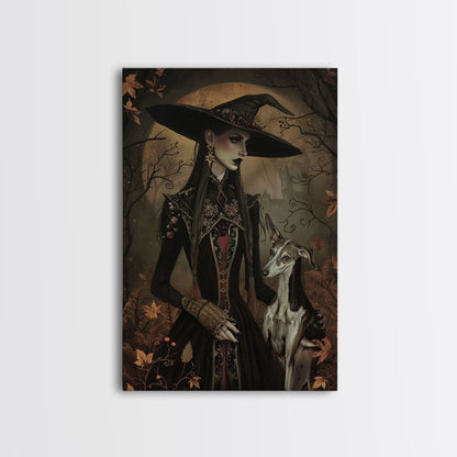 Gothic Witch with Elegant Dog, Framed Canvas Print, Dark Witch Art, Victorian Witch, Halloween Witch Decor, Gothic Home Decor