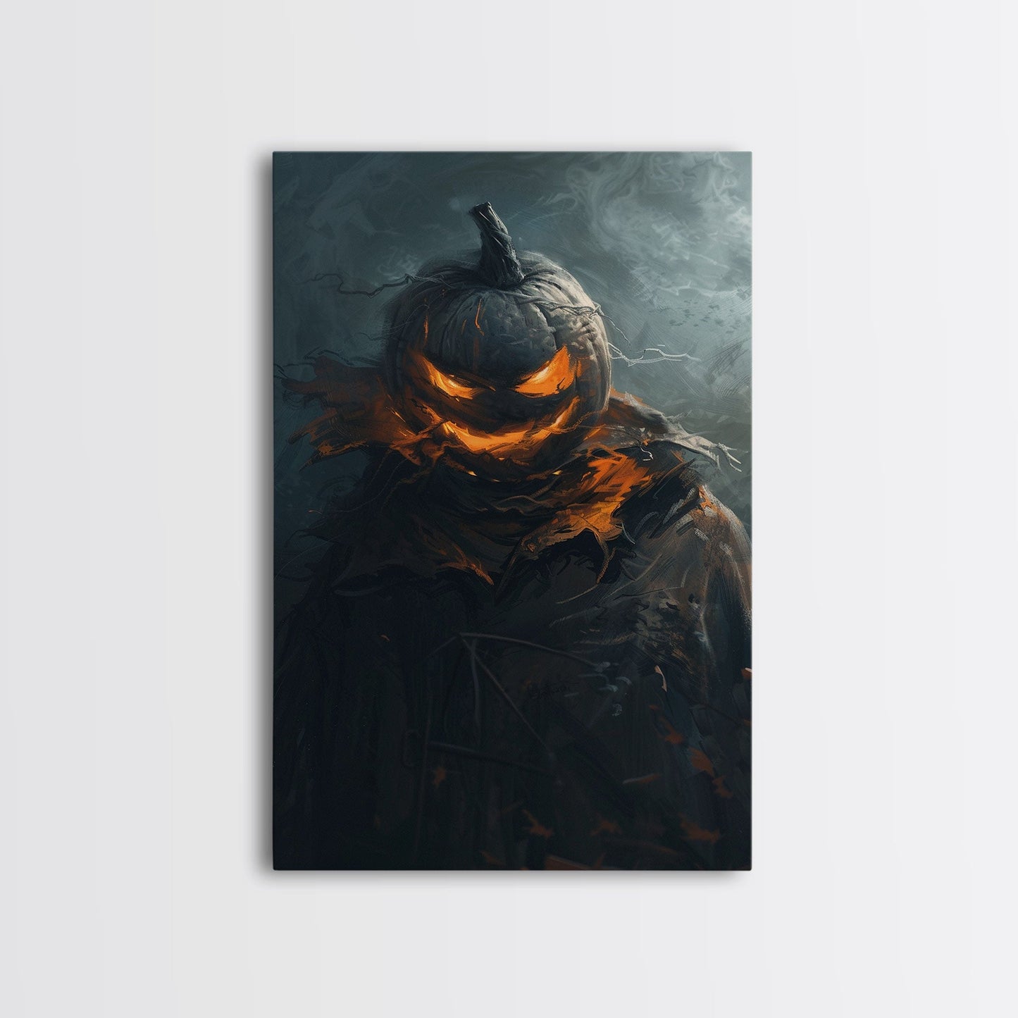 Menacing Pumpkin Head Monster Emerging from Fog - Creepy Halloween Horror Artwork Framed Canvas Print, Spooky Gothic Home Wall Decor
