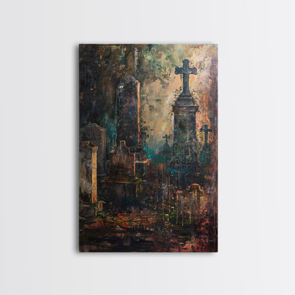 Düstere Friedhofskunst für Halloween, Gruselfriedhof, Spukfriedhof, unheimliche Grabsteine, dunkle Kunstwerke, gerahmter Leinwanddruck