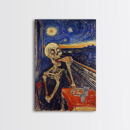 Spooky Skeleton Dude Eatin' a Pizza, Starry Night Inspired Funny Halloween Art, Framed Canvas Print