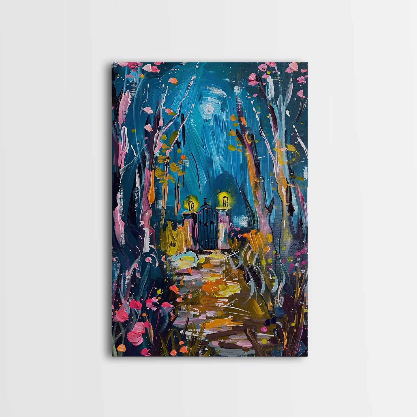 Mystical Cemetery with Glowing Flowers Framed Canvas Print, Wall Art, Halloween Graveyard Art, Enchanted Forest Decor, Spooky Artwork