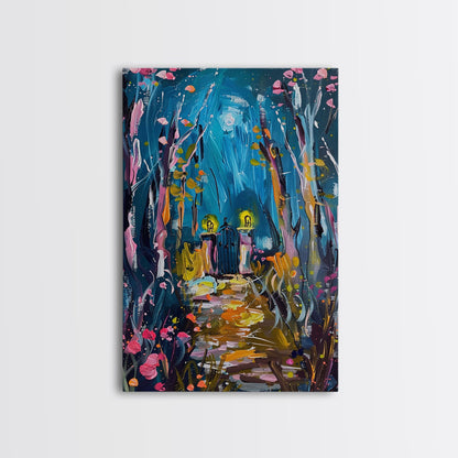 Mystical Cemetery with Glowing Flowers Framed Canvas Print, Wall Art, Halloween Graveyard Art, Enchanted Forest Decor, Spooky Artwork