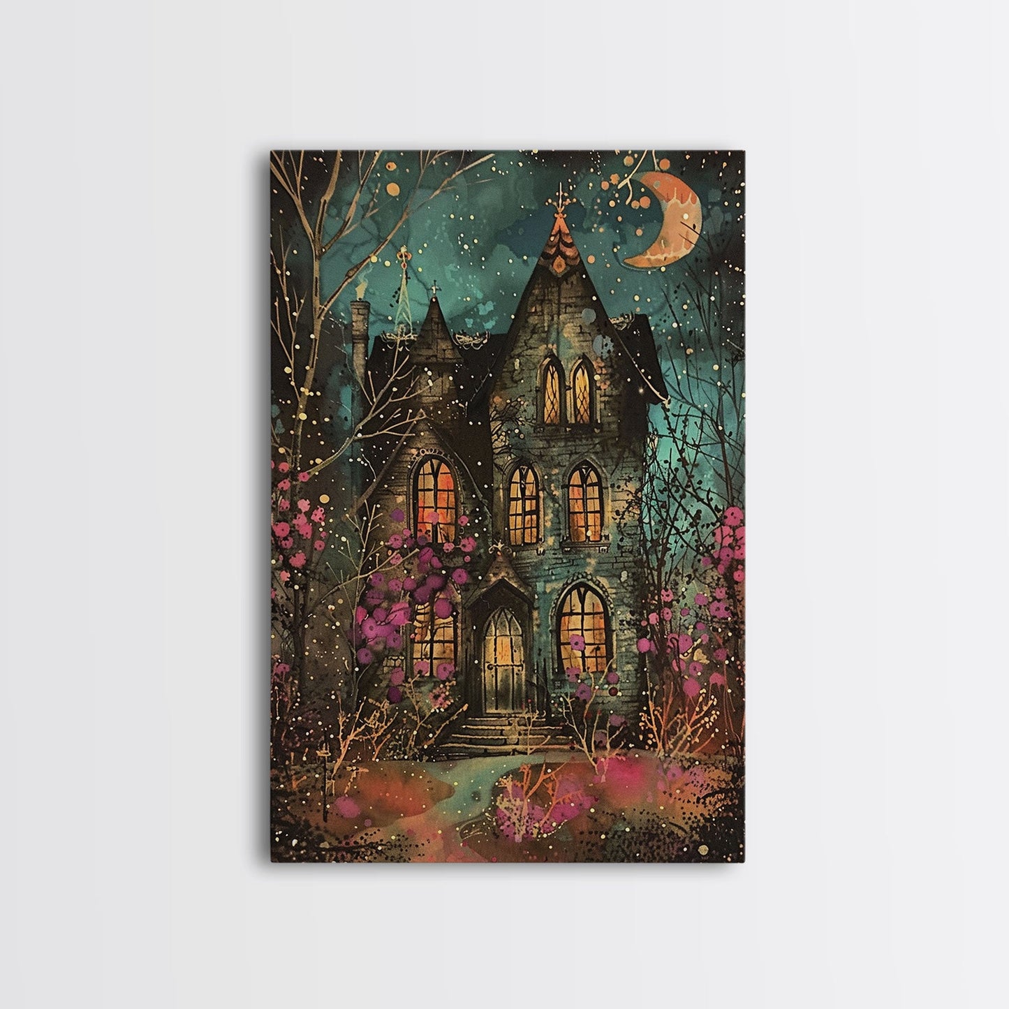 Enchanted Gothic House Framed Canvas Print, Halloween Wall Art, Spooky Art, Home Decor, Living Room Decor, Gothic Artwork, Haunted House