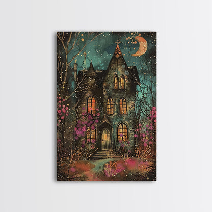 Enchanted Gothic House Framed Canvas Print, Halloween Wall Art, Spooky Art, Home Decor, Living Room Decor, Gothic Artwork, Haunted House