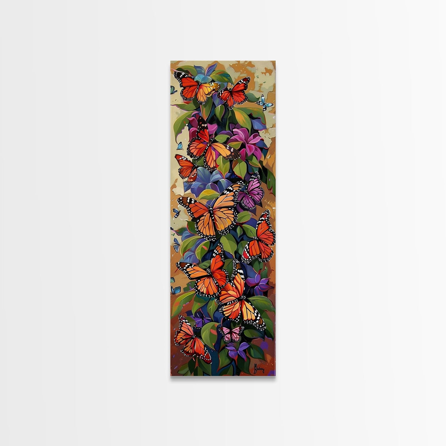 Colorful Butterfly Vertical Framed Canvas Oil Painting, Abstract Botanical Wall Art, Gouache Style Painted Art, Housewarming Gift for Her