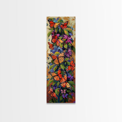 Colorful Butterfly Vertical Framed Canvas Oil Painting, Abstract Botanical Wall Art, Gouache Style Painted Art, Housewarming Gift for Her
