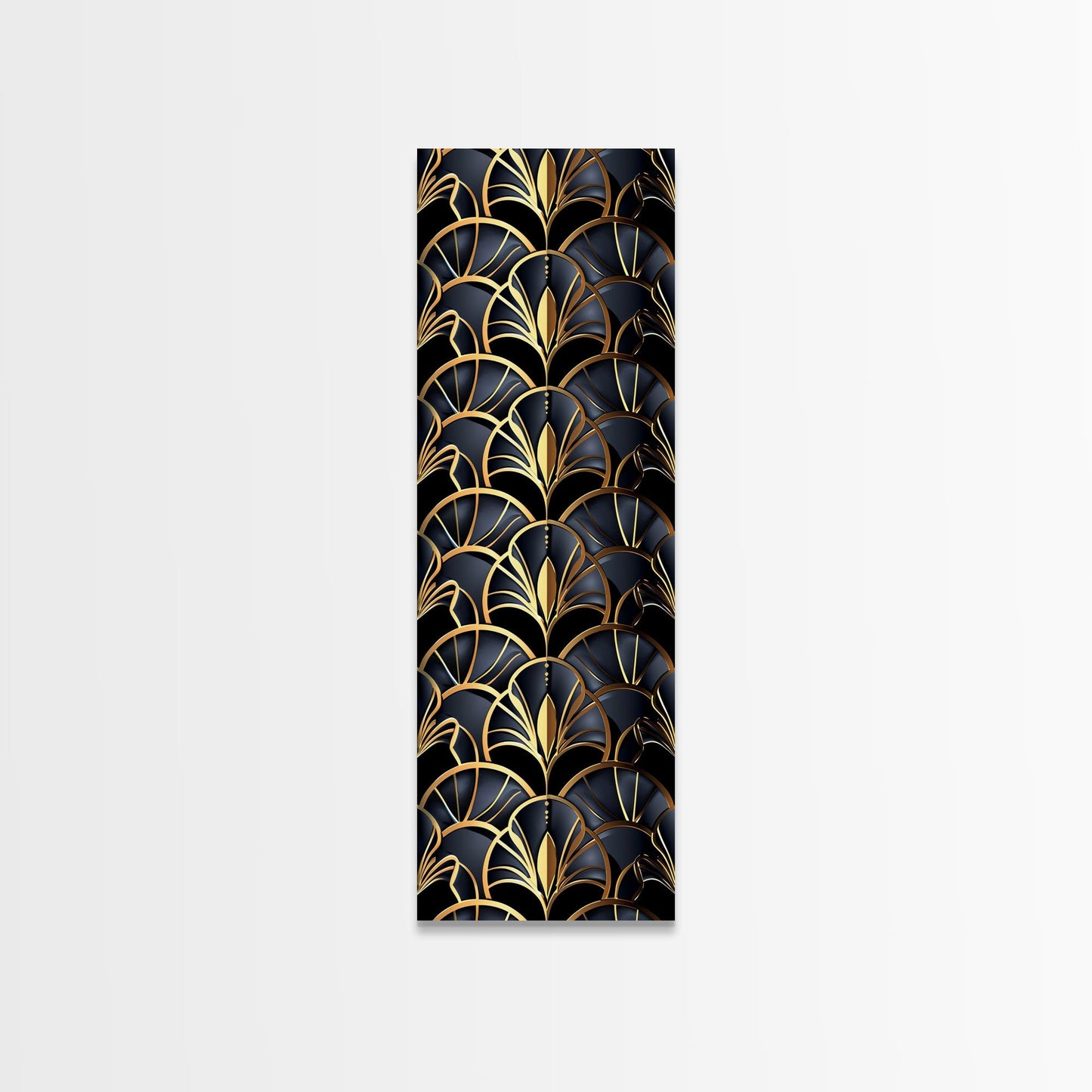 Gold Art Deco Pattern on Black Background - Framed Canvas Print, Midcentury Modern Art, Skinny Art, Tall Art, Living Room Wall Decor, Minimalist Art