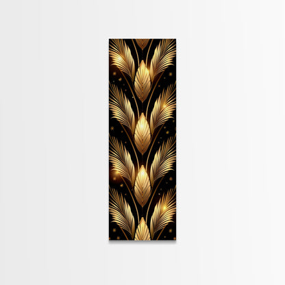 Gold Leaf Pattern on Black Background - Framed Canvas Print, Midcentury Modern Art, Skinny Art, Tall Art, Living Room Wall Decor, Minimalist Art