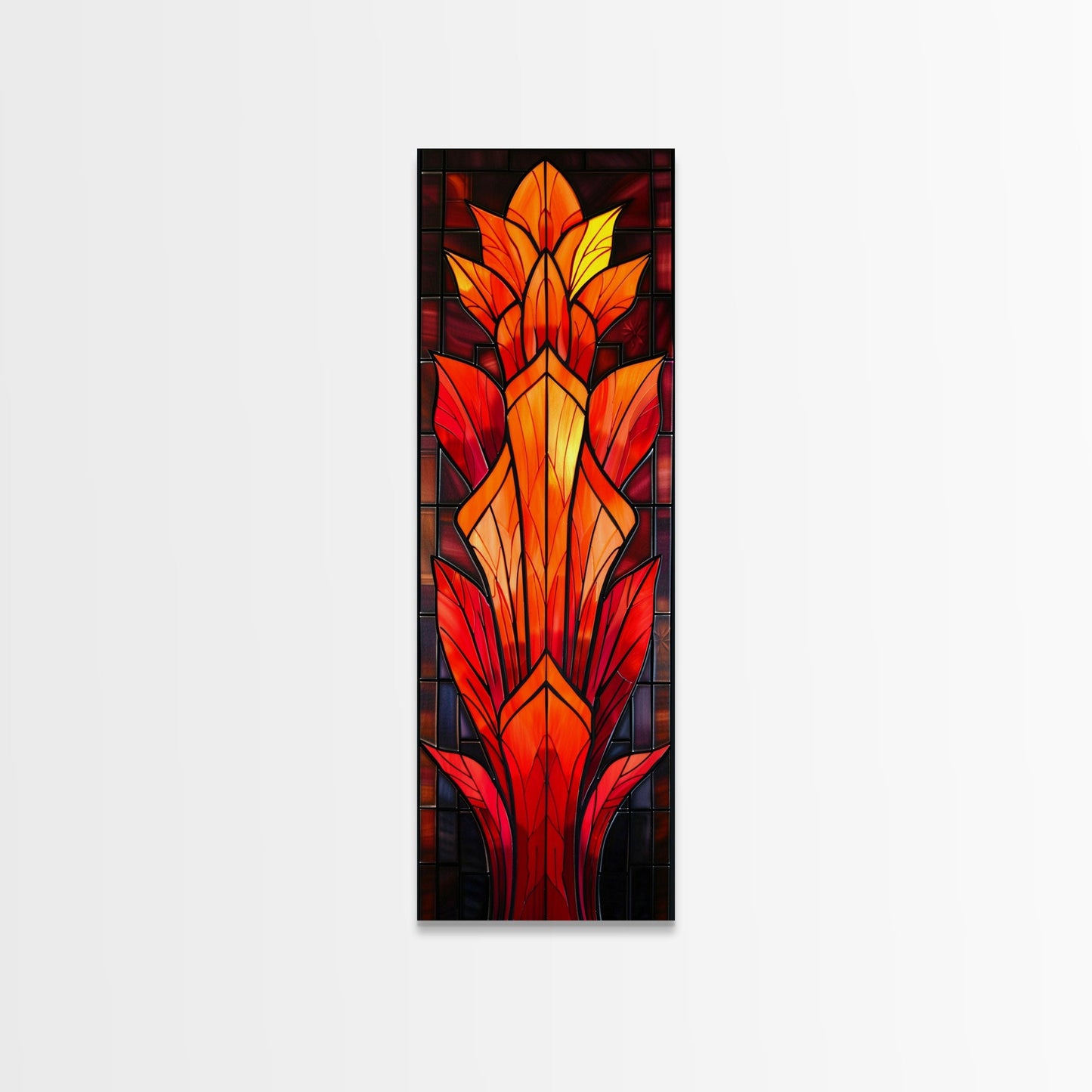 Red and Orange Floral Stained Glass Design - Framed Canvas Print, Midcentury Modern Art, Skinny Art, Tall Art, Living Room Wall Decor, Boho Art