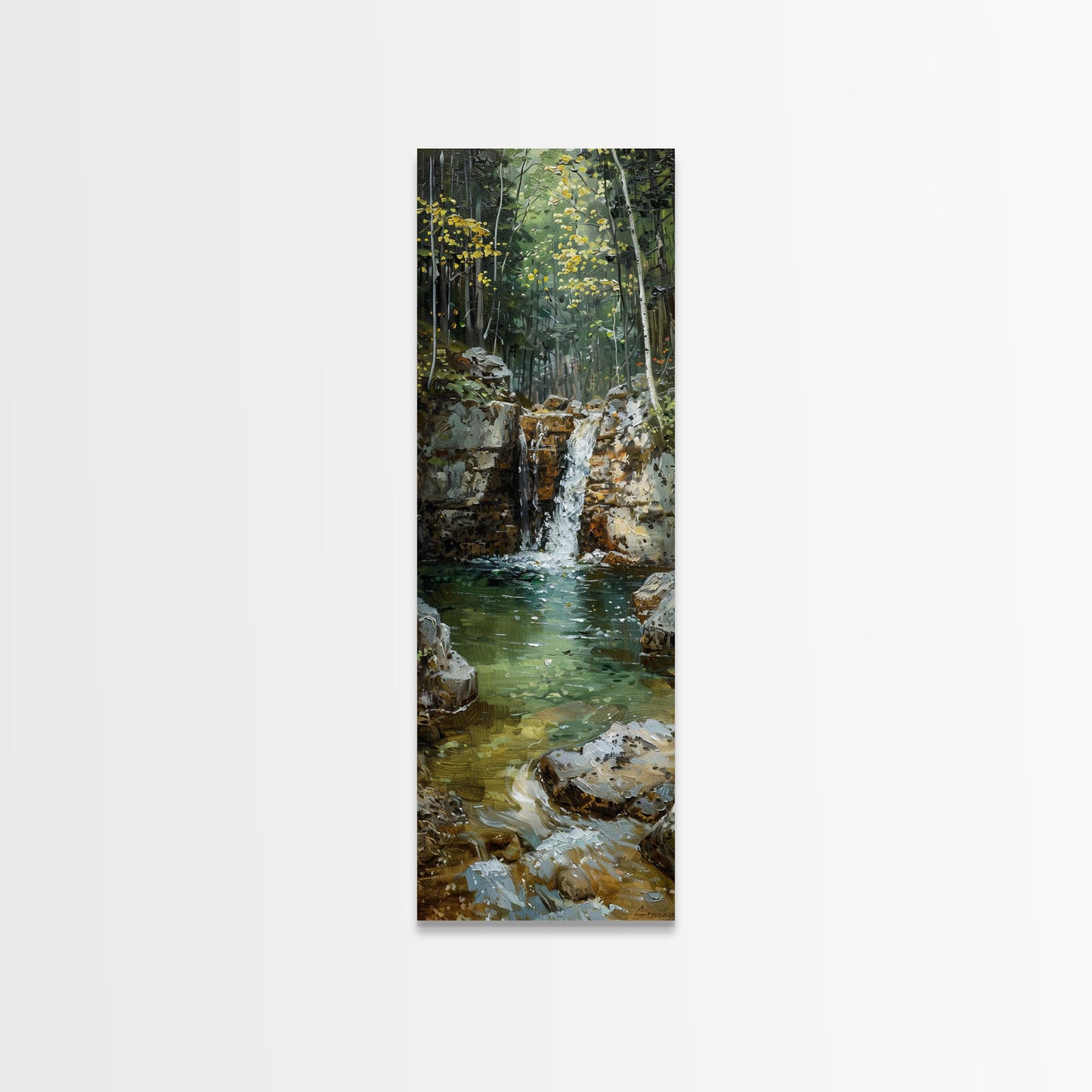 Framed Canvas Print Skinny Art of a Serene Waterfall Cascading into a Tranquil Pool in a Lush Forest Landscape, Perfect Tall Art for Nature Lovers