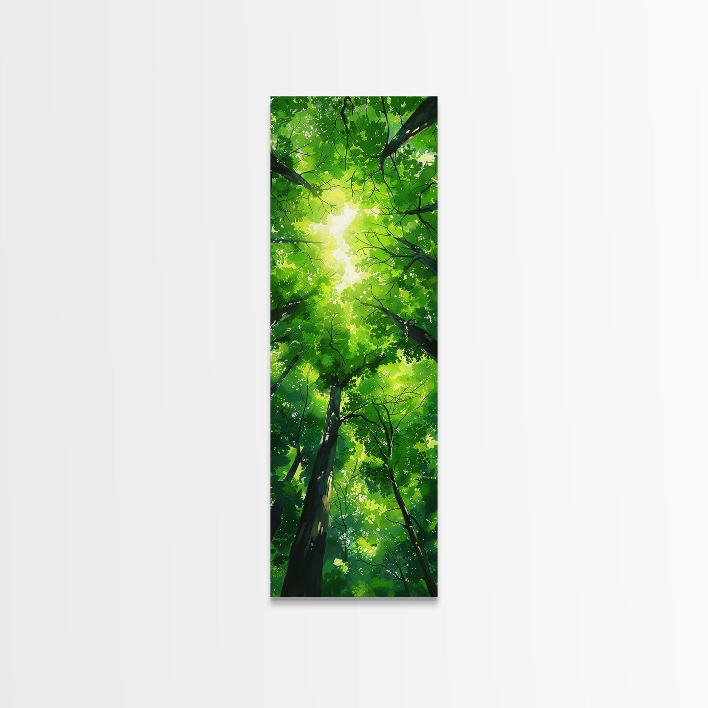 Lush Green Forest Canopy View as Tall Skinny Art Framed Canvas Print for Relaxing Wall Decor in Homes or Offices