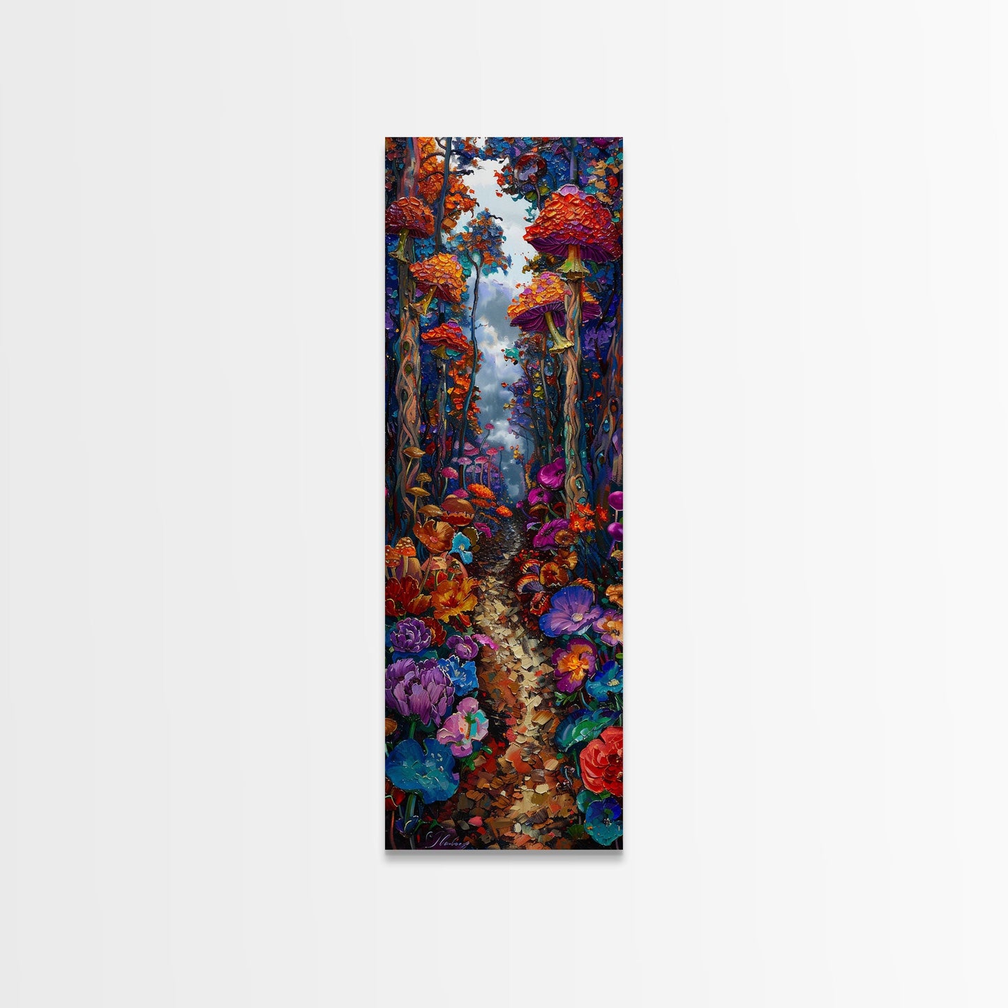 Fantasy Forest Pathway with Giant Mushrooms as Tall Skinny Art Framed Canvas Print for Whimsical Wall Decor in Unique Spaces
