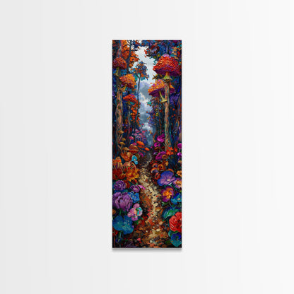 Fantasy Forest Pathway with Giant Mushrooms as Tall Skinny Art Framed Canvas Print for Whimsical Wall Decor in Unique Spaces