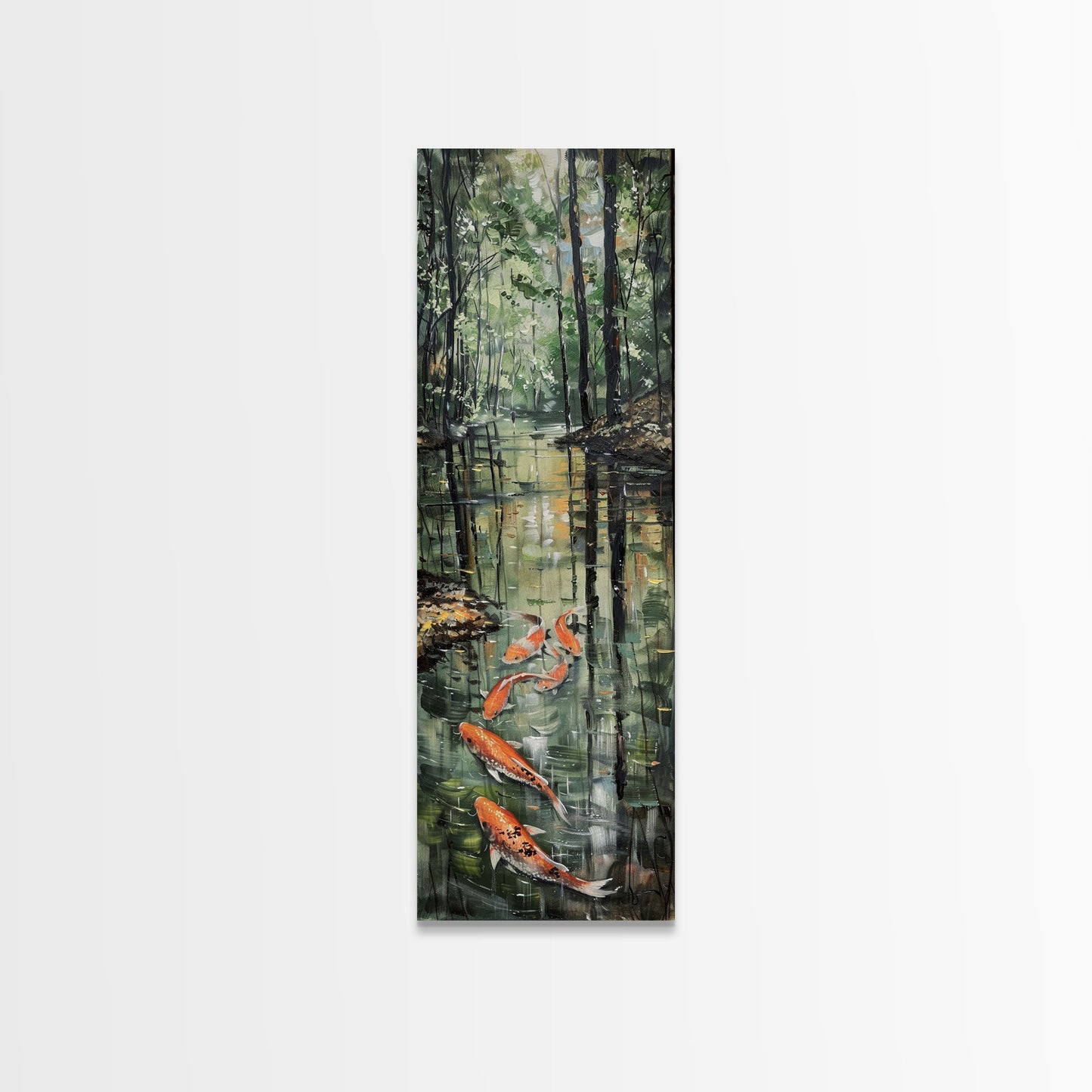Elegant Koi Fish Swimming Serene Water Garden Nature Art Framed Canvas Print Tall Art Japanese Style Art