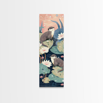Playful Otters Amidst Lily Pads on Japanese-Inspired Tall Vertical Canvas Print Perfect for Nature-Inspired Wall Decor