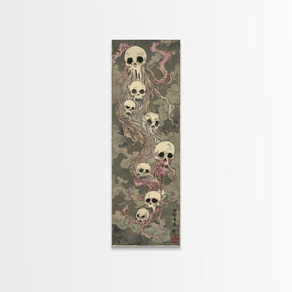 Hauntingly Beautiful Floating Skulls on Tall Vertical Canvas Print Featuring Japanese Ghostly Art in Eerie Style