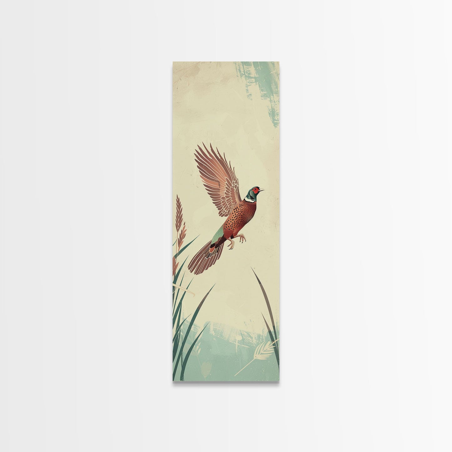 Japanese Skinny Art of Pheasant in Flight with Graceful Wings and Earthy Tones – Framed Canvas Print