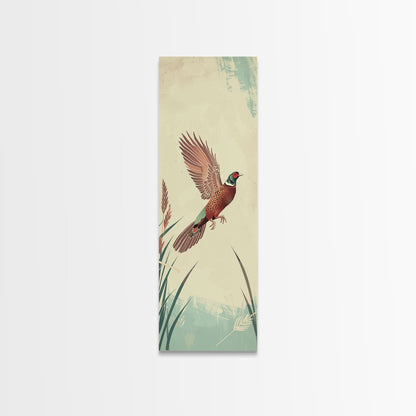 Japanese Skinny Art of Pheasant in Flight with Graceful Wings and Earthy Tones – Framed Canvas Print