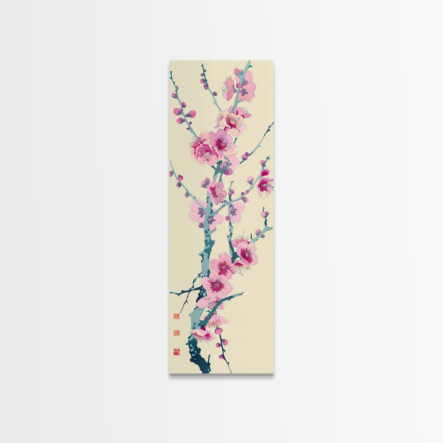 Plum Blossom Branch in Japanese Skinny Art with Delicate Pink Flowers – Framed Canvas Print