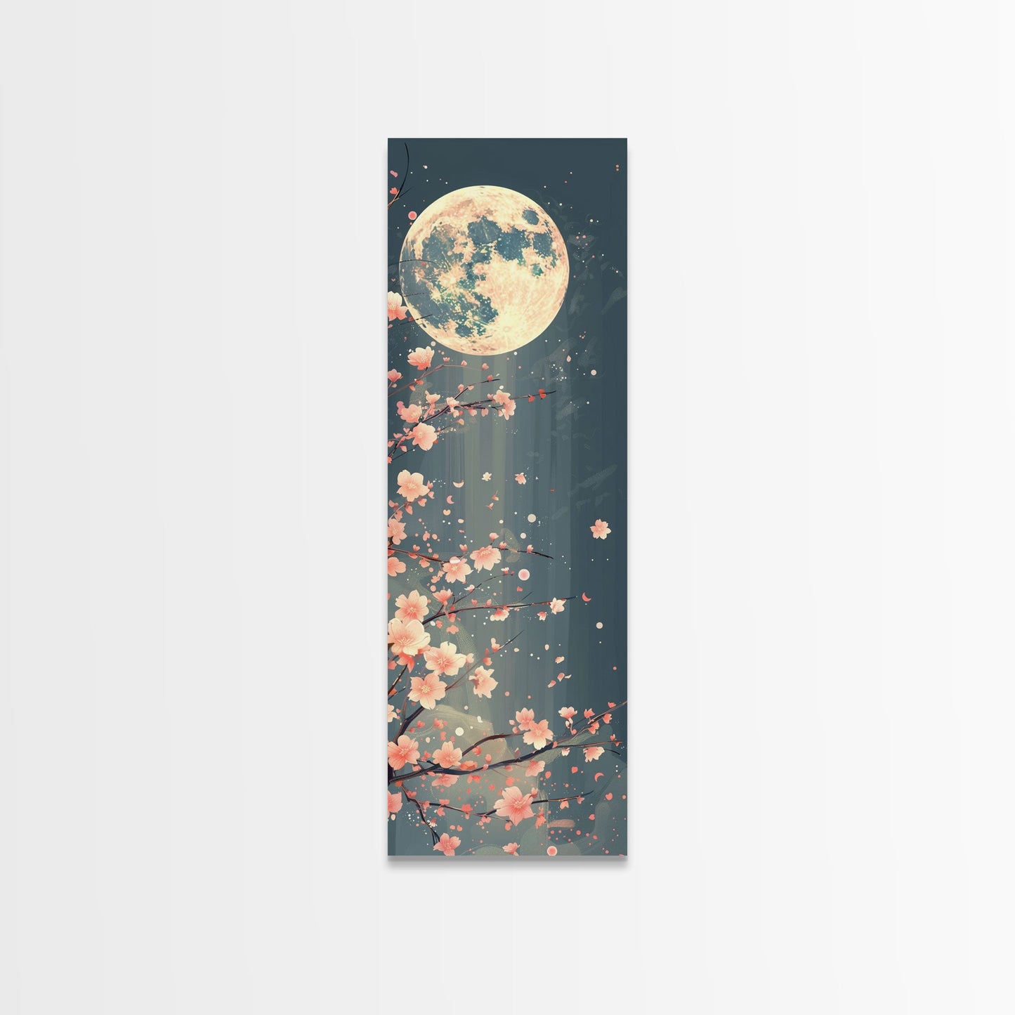 Full Moon with Cherry Blossom Ukiyo-e Art, Framed Canvas Print Perfect for Skinny and Tall Spaces, Japanese Style Art