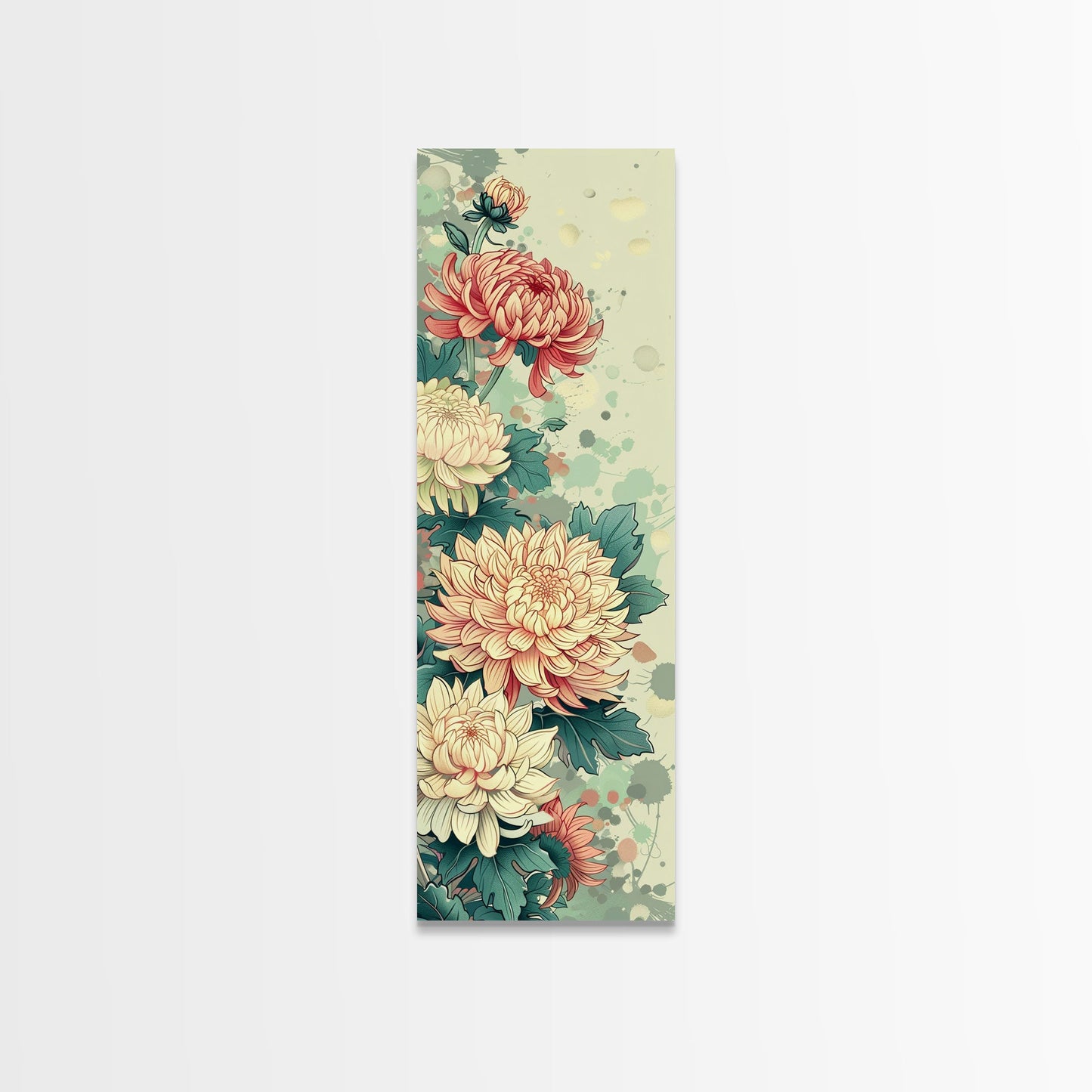 Chrysanthemums in Traditional Japanese Art, Ukiyo-e Style Framed Canvas Print Perfect for Tall and Skinny Spaces