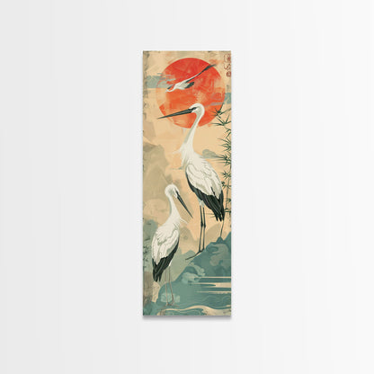 Tall Japanese Cranes Under a Vibrant Red Sun Ukiyo-e Art Skinny Framed Canvas Print Traditional Japanese Nature Scene