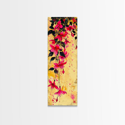 Skinny Art Tall Art Framed Canvas Print Bold Fuchsia Flowers In Dynamic Composition Over A Vibrant Yellow Background Ukiyo-e Japanese Style Art