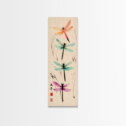 Dragonflies In Flight With Delicate Details Japanese Style Framed Canvas Print, Wall Art Ready To Hang For Nature Lovers
