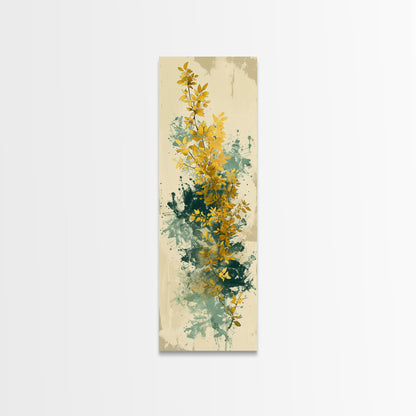 Golden Foliage Set Against Green Textured Background Skinny Art Tall Art Framed Canvas Print Japanese Style Art Ukiyo-e Art Wood Block Print Natural Elegant