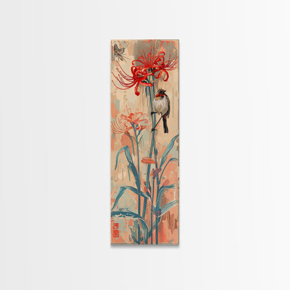 Bird Perched On Bright Red Lily Flower Skinny Art Tall Art Framed Canvas Print Japanese Style Art Ukiyo-e Art Wood Block Print Floral Detailed