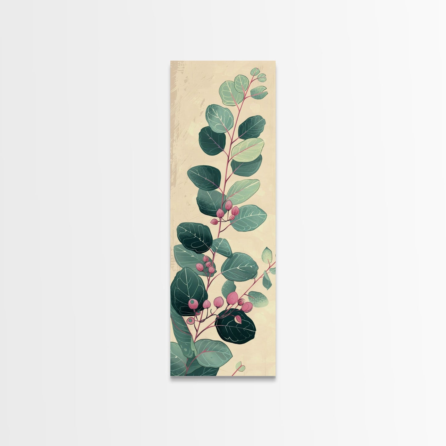 Delicate Green Leaves And Pink Buds On A Branch Against A Textured Background, Skinny Art Tall Wall Art Framed Canvas Print Japanese Style Art