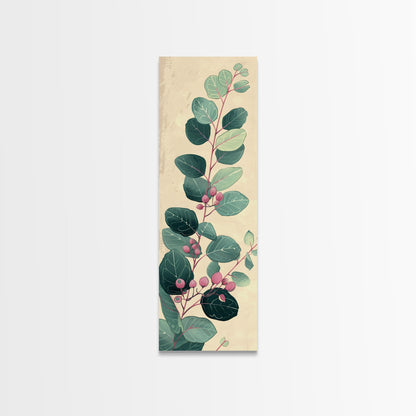 Delicate Green Leaves And Pink Buds On A Branch Against A Textured Background, Skinny Art Tall Wall Art Framed Canvas Print Japanese Style Art