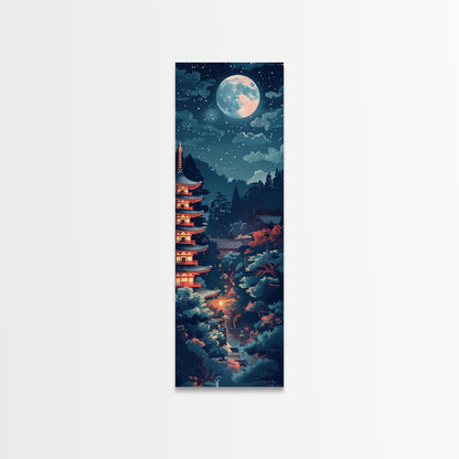 Peaceful Japanese Temple And Pagoda Under A Full Moon, Skinny Art Tall Wall Art Framed Canvas Print Japanese Style Art