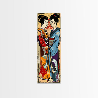 Japanisches Paar im traditionellen Kimono, Hochformatiger, schlanker, gerahmter Leinwanddruck für die Wand