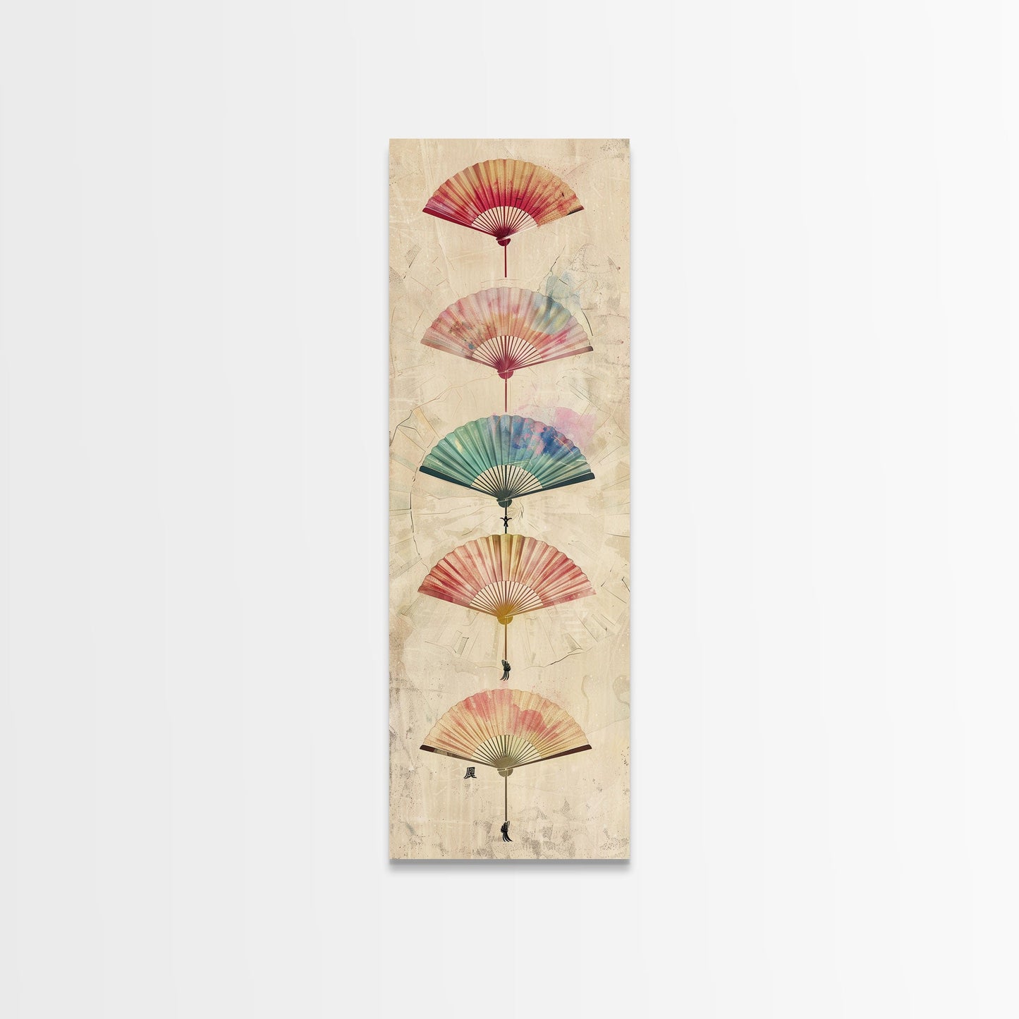 Japanese Folding Fans Cultural Art On Framed Canvas Print In Ukiyo-e Style Tall Skinny Traditional Wood Block Wall Decor