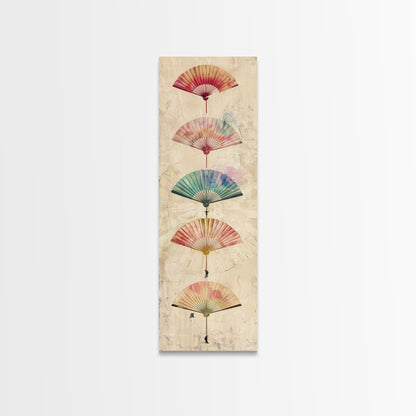 Japanese Folding Fans Cultural Art On Framed Canvas Print In Ukiyo-e Style Tall Skinny Traditional Wood Block Wall Decor