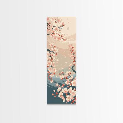 Cherry Blossom Branches Pale Background Japanese Style Tall Skinny Framed Canvas Print Wall Art