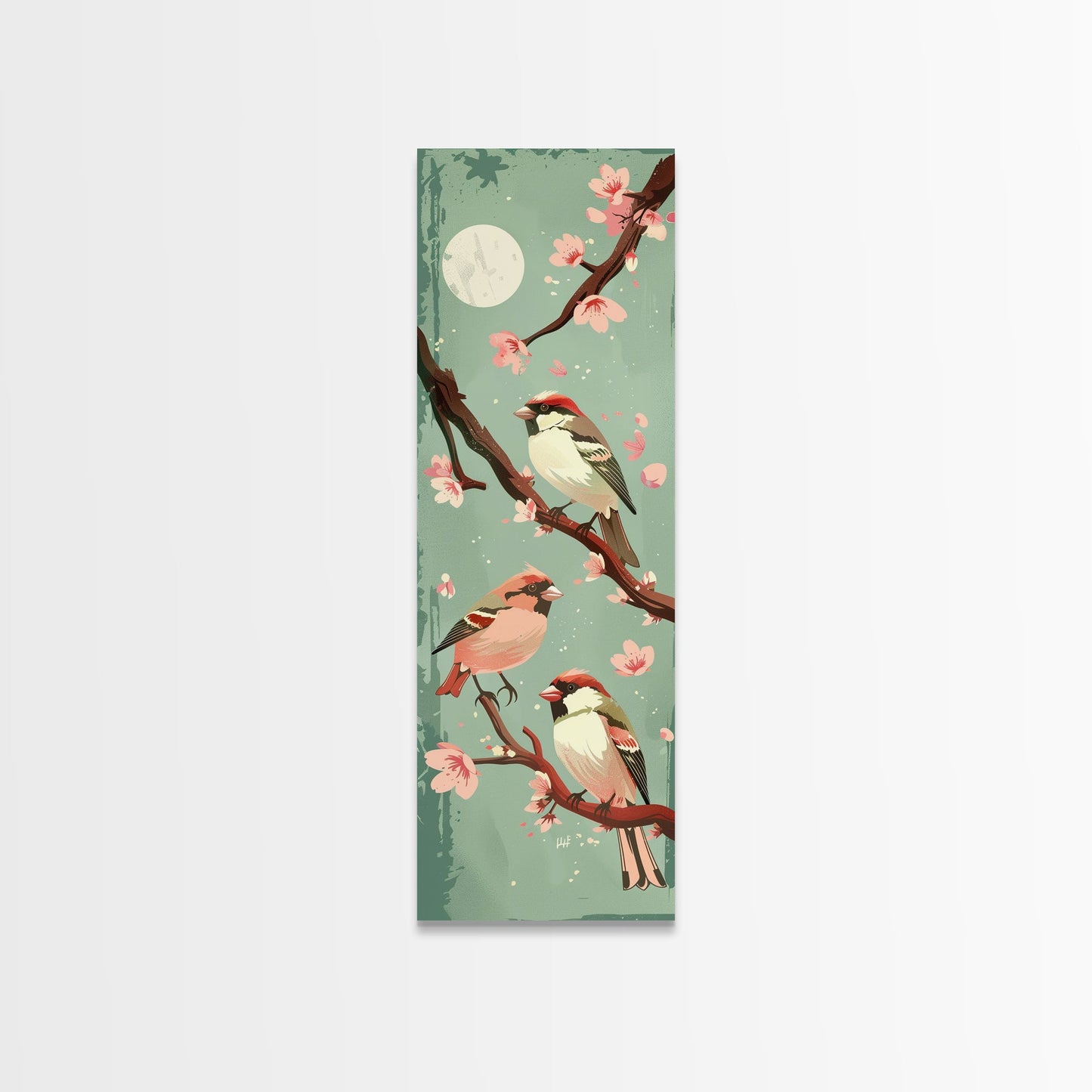 Delicate Sparrows Perched On Cherry Blossoms Under Full Moon Serene Nighttime Setting Captured Tall Framed Canvas Print Nature Scene