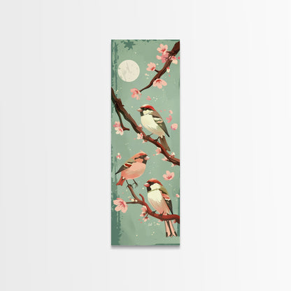 Delicate Sparrows Perched On Cherry Blossoms Under Full Moon Serene Nighttime Setting Captured Tall Framed Canvas Print Nature Scene