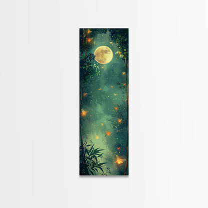 Enchanting Fireflies Illuminating Nighttime Forest Scene Under Full Moon Tall Framed Canvas Print Adding Magical Touch