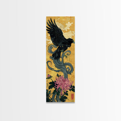 Canvas Print Japanese Eagle In Flight Over Chrysanthemum Flowers, Bold Traditional Art For Statement Wall Piece, Cultural Home Decor
