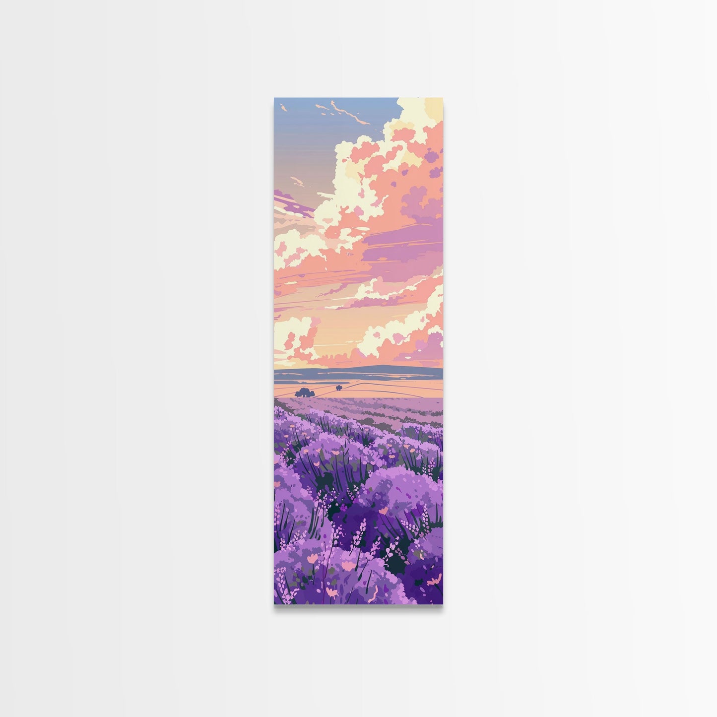 Expansive Lavender Field Beneath a Dramatic Cloudy Sky in Warm Pastel Hues Ukiyo-e Art Japanese Framed Canvas Print Skinny Tall Art