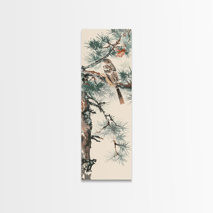 Canvas Print Sparrow Perched On Pine Tree Branch, Subtle And Serene Japanese Nature Scene For Tranquil Home Decor, Wall Decoration