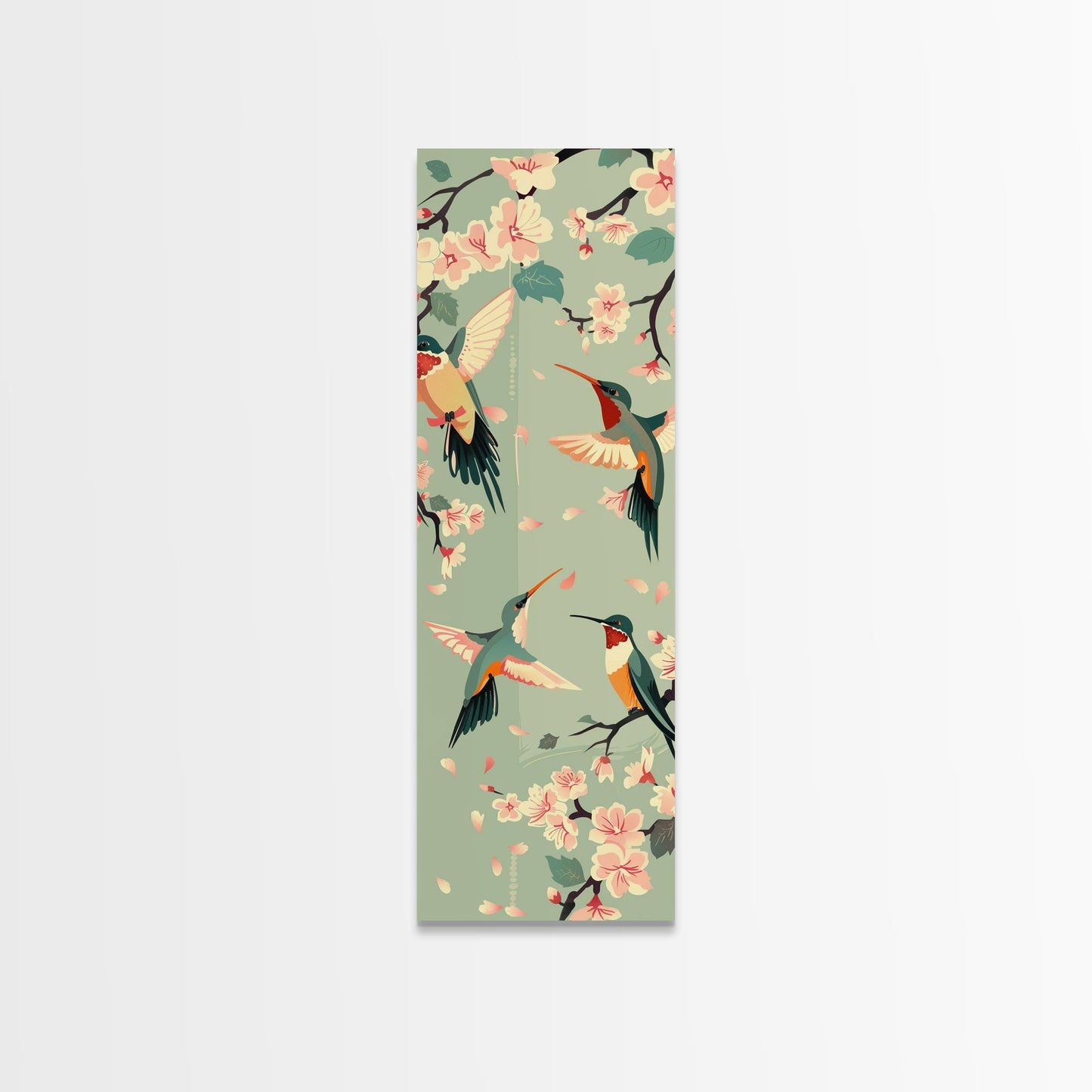 Hummingbirds And Cherry Blossoms In Japanese Style Canvas, Ukiyo-e Inspired Woodblock Art, Framed Canvas Print, Japanese Tall Skinny Wall Art, Ready To Hang