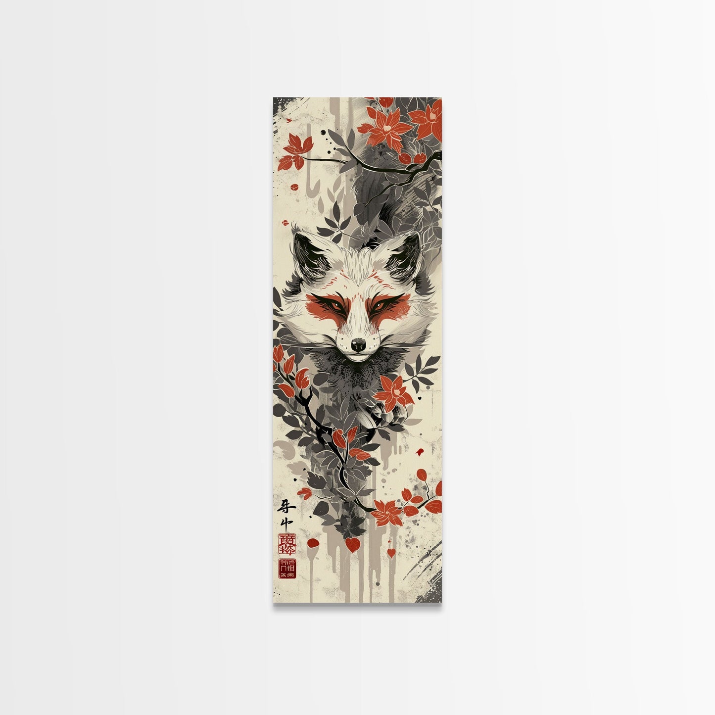 Fox Head Amidst Red Flowers On Textured Background Skinny Art Wood Block Print Framed Canvas Print